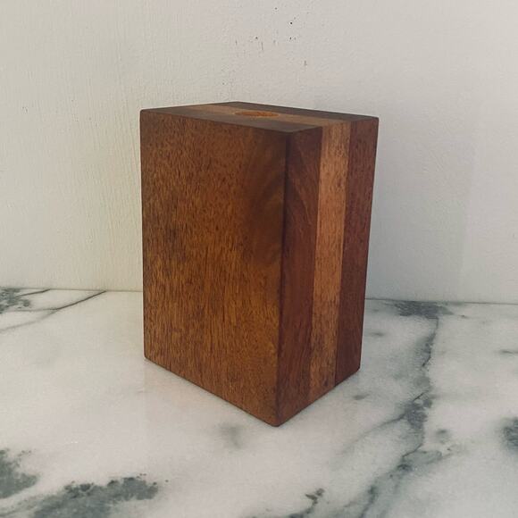 Vintage MCM Teak Birch Walnut Bud Vase Rectangle Pen Holder Handmade Wood Inlay - Picture 2 of 9
